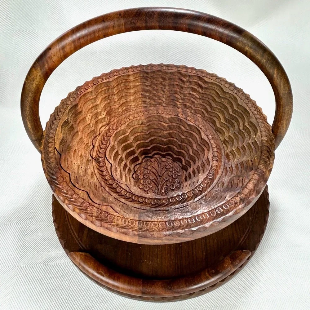 Vintage Collapsible Hand Carved Wooden Centerpiece, Basket, Rosewood Trivet